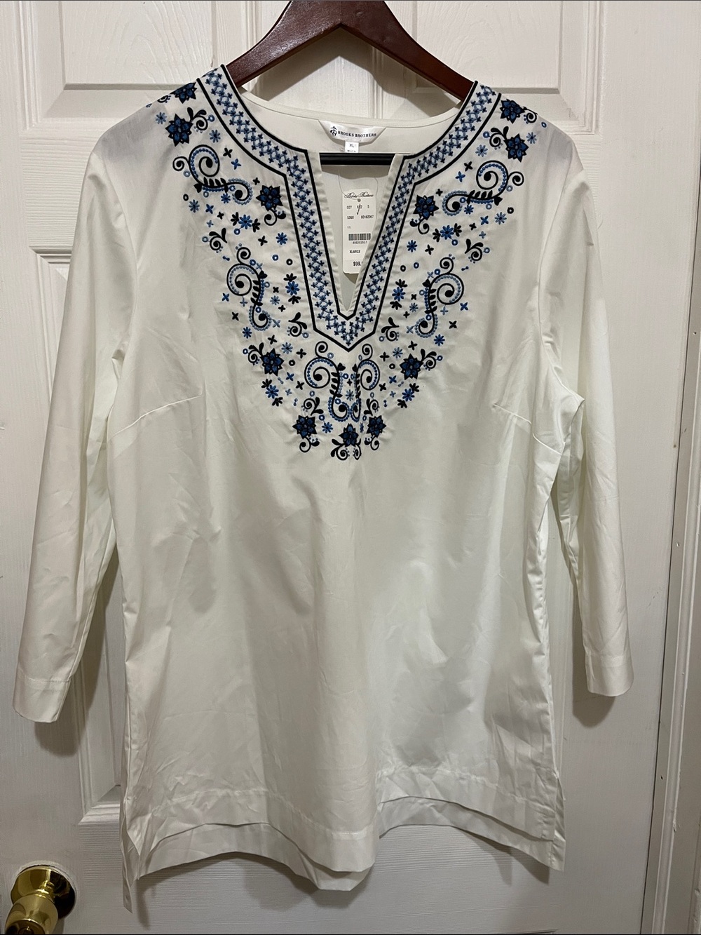 Brooks Brothers White Tunic with Blue Embroidery